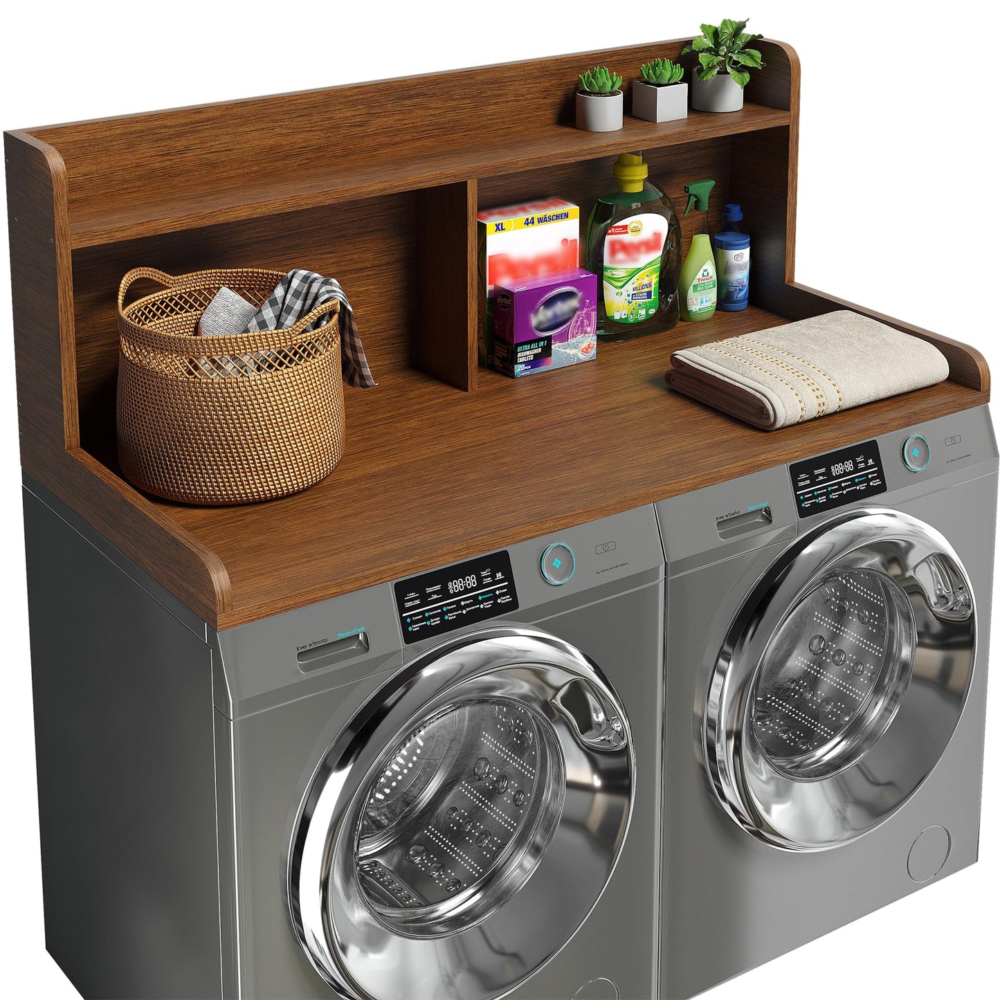 Corbyles 2-Tier Washer Dryer Countertop, 18.5" Raised Height Laundry Countertop with Edge Rails and Non-Slip Pad, 54"W x 27.55"D Washer and Dryer Topper for Laundry Room Storage Organization (Brown)