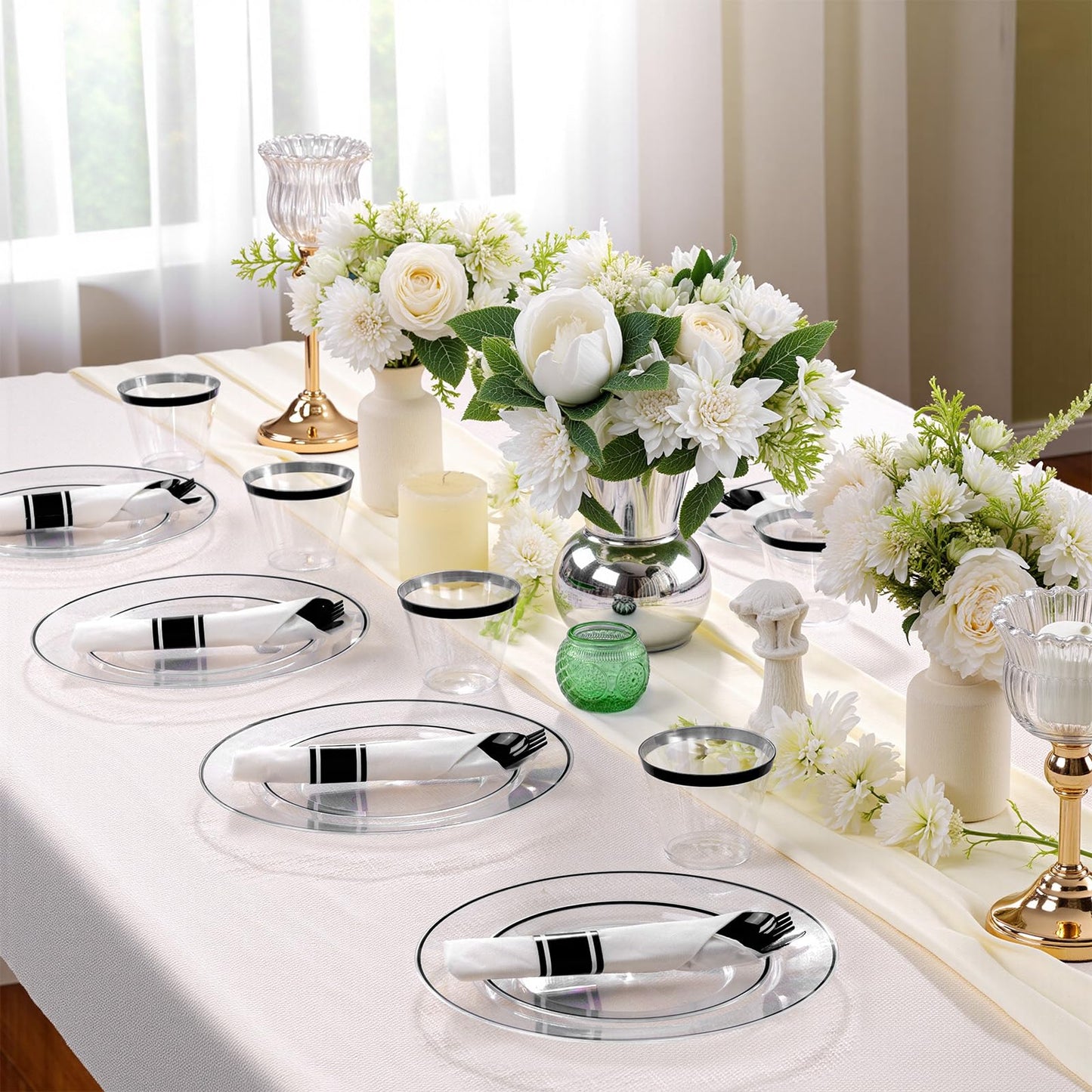 SUT 350 Pcs Black and Clear Plastic Dinnerware Set for 50 Guests, Include: 50 Dinner Plates, 50 Dessert Plates, 50 Pre Rolled Napkins With Silverware, 50 Cups, Disposable Plates for Party