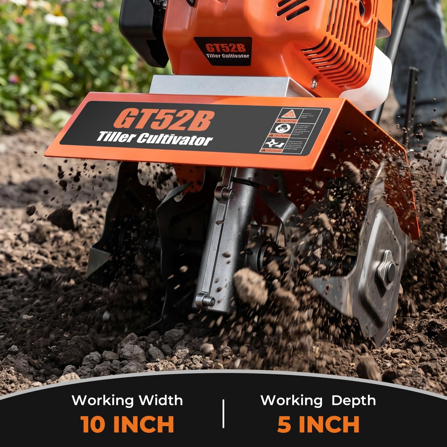 72CC Gas Tiller Cultivator,2 Stroke Gasoline Powered Rototiller,1.5KW 7500RPM,10in Working Width 5in Working Depth, Heavy Duty Garden Tiller for Lawn Yard Soil Cultivation (Orange)
