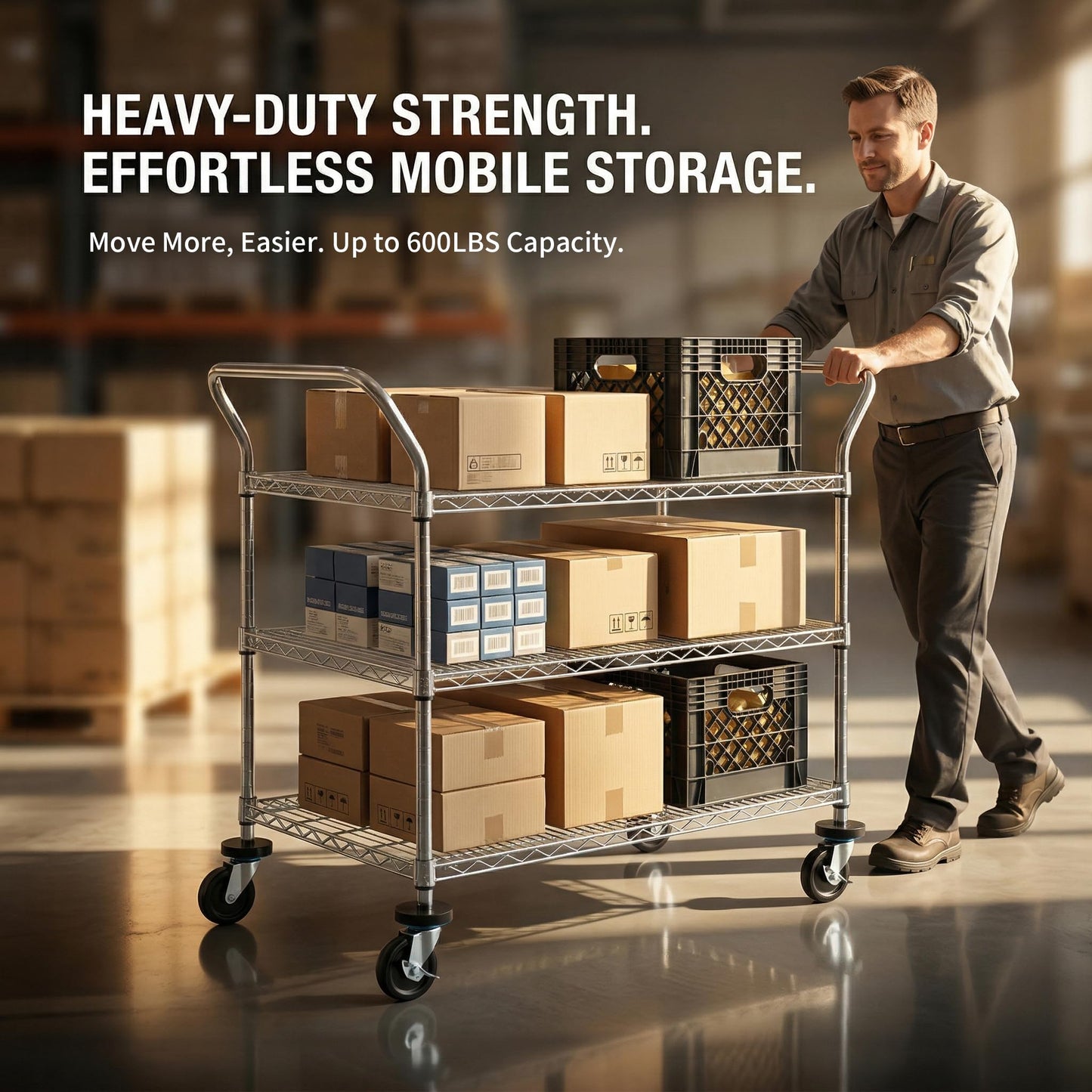 Finnhomy 3-Tier Commercial Grade Rolling Cart, Heavy Duty Utility Cart with Wheels and Handles, Metal Kitchen Carts on Wheels with 600 lbs Capacity, Shelf Size 24" D x 40" W, NSF
