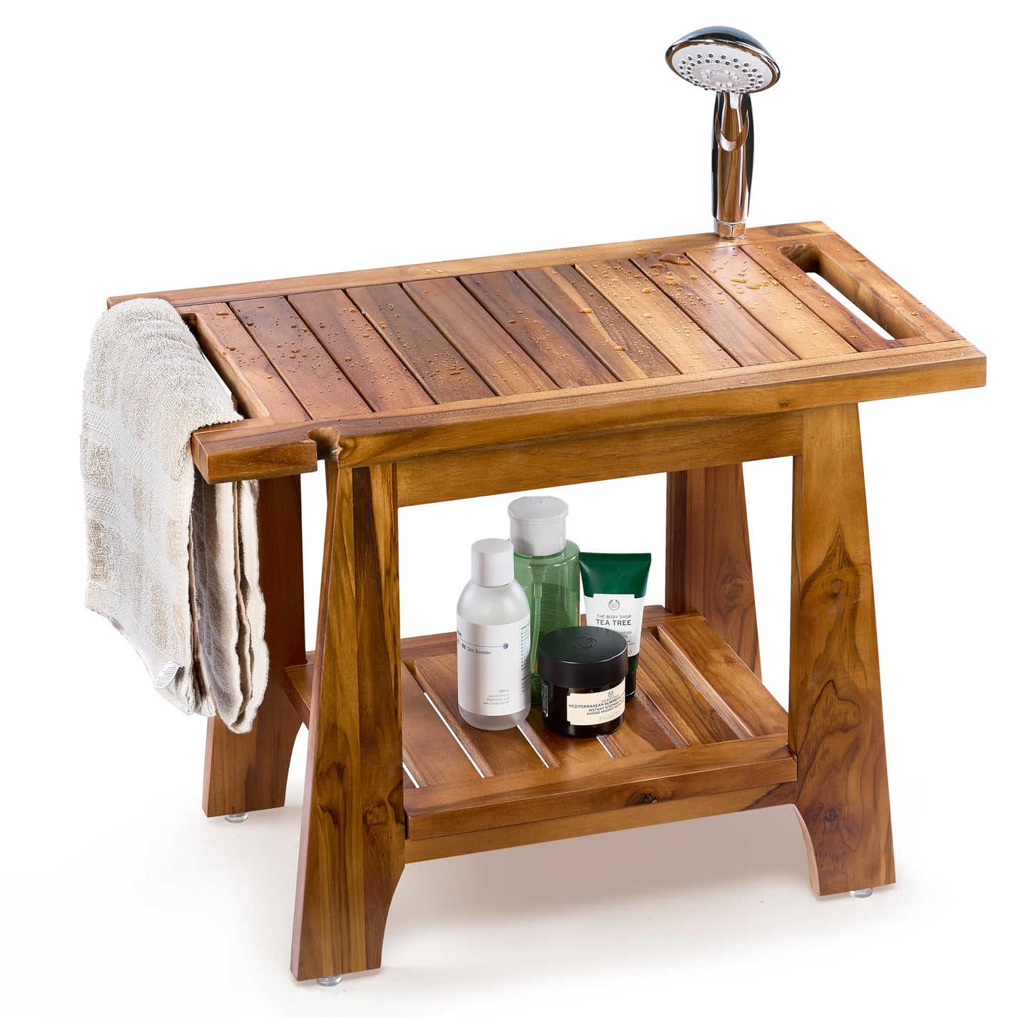 Tinamo 22”L Teak Shower Bench for Inside Showers -400Lbs Capacity-Teak Shower Stool, Wooden Bathroom Bench, Shower Chair for Inside Shower with Handle, Teak Shower Bench, Wood Bench with Shower Holder