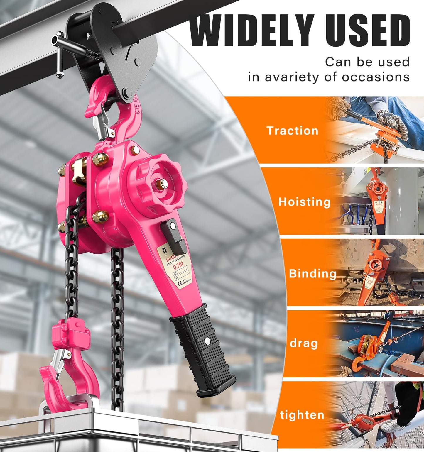 HUGOASIS 3/4 Ton 1650lbs Lever Chain Hoist Capacity 5ft,Chain Come Along with Dual Brake System, G80 Manganese Steel Chain, 2 Heavy Duty Hooks for Garages Warehouse Automotive Machinery – Pink