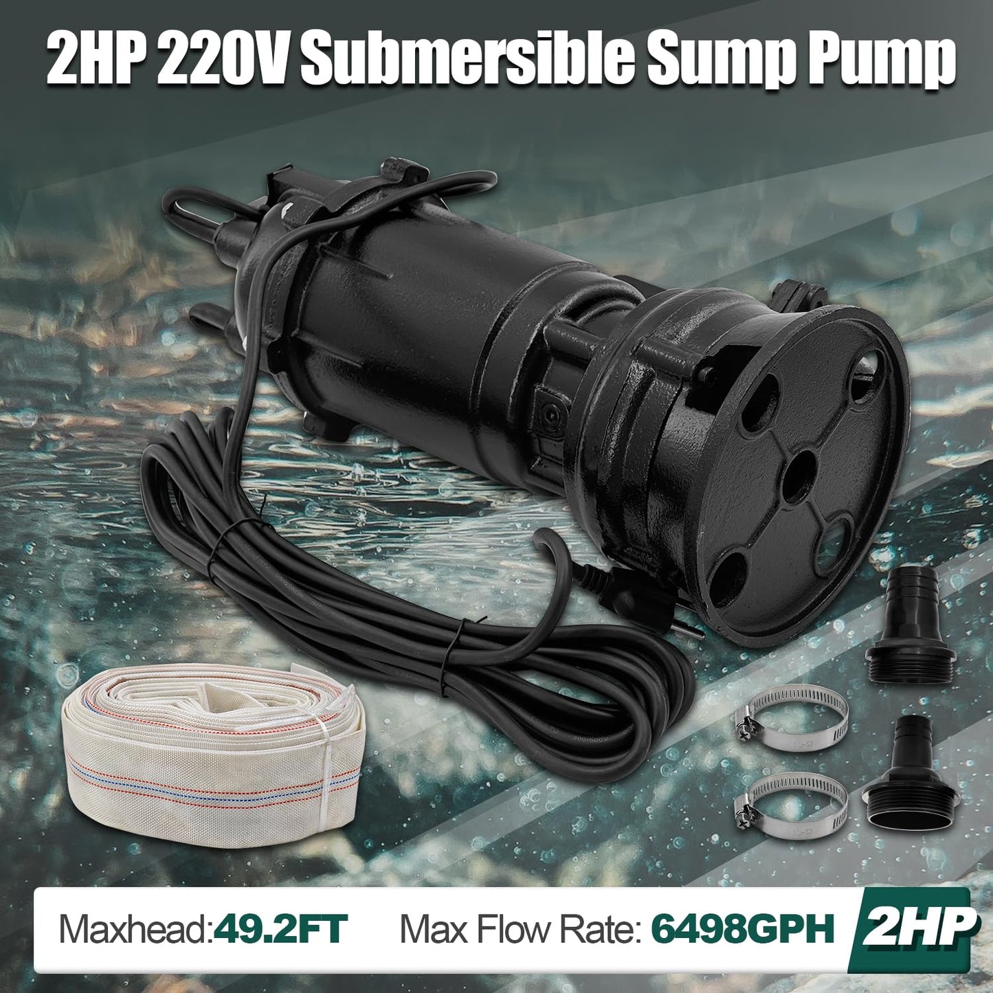 Dewinston 2HP Submersible Sump Pump 220V Cast Iron Sewage/Effluent Pump with Float Switch and 66ft Hose, 2'' NPT Discharge, 6498GPH, 1500w