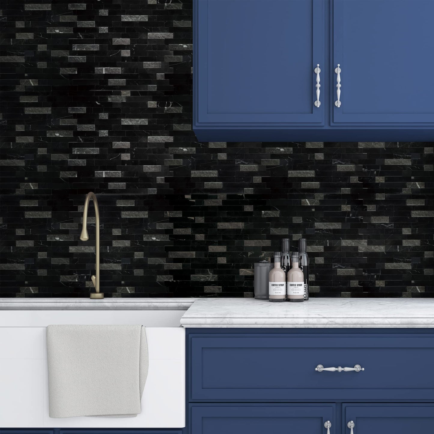 SUNWINGS 5-Sheet Peel and Stick Mosaic Natural 3D Stone Self Adhesive Marble Tiles, 11.5" x 10.7" Stick on Backsplash for Kitchen Bathroom Fireplace Vanity, Mixed Black
