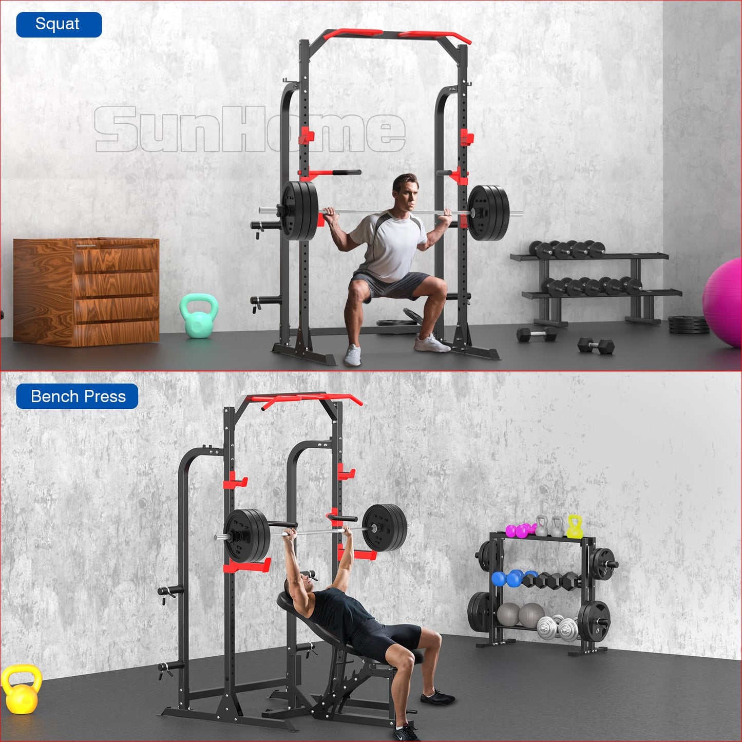 SunHome Power Cage Squat Rack, Multi-Functional Power Rack with Adjustable Cable Crossover System, J-Hooks, Dip Handles, Weight Plate Storage (S5 with Bench)