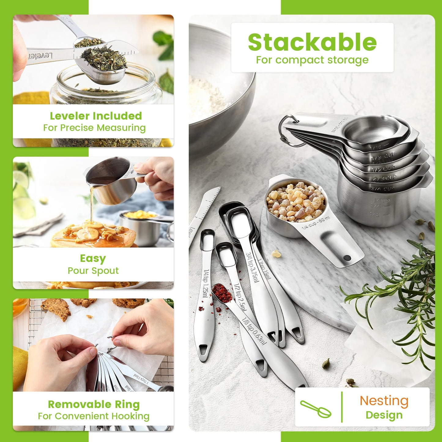 Spring Chef Stainless Steel Measuring Cups and Spoons Set of 14 with Leveler, Nesting Kitchen Metal Measuring Cups and Spoons Set for Dry and Liquid Ingredients, Perfect for Cooking & Baking