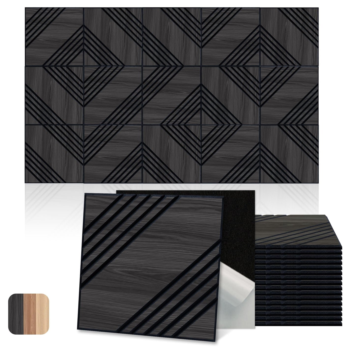 Mollywell Acoustic Panels, PVC Wood-Grain Decor, 12x12 Inch Carved Pattern Sound Absorbing Wall Tiles, Self-Adhesive for Home Office/Studio/Gaming Room Echo Reduction, 16 Pack Black Oak, Double Twill