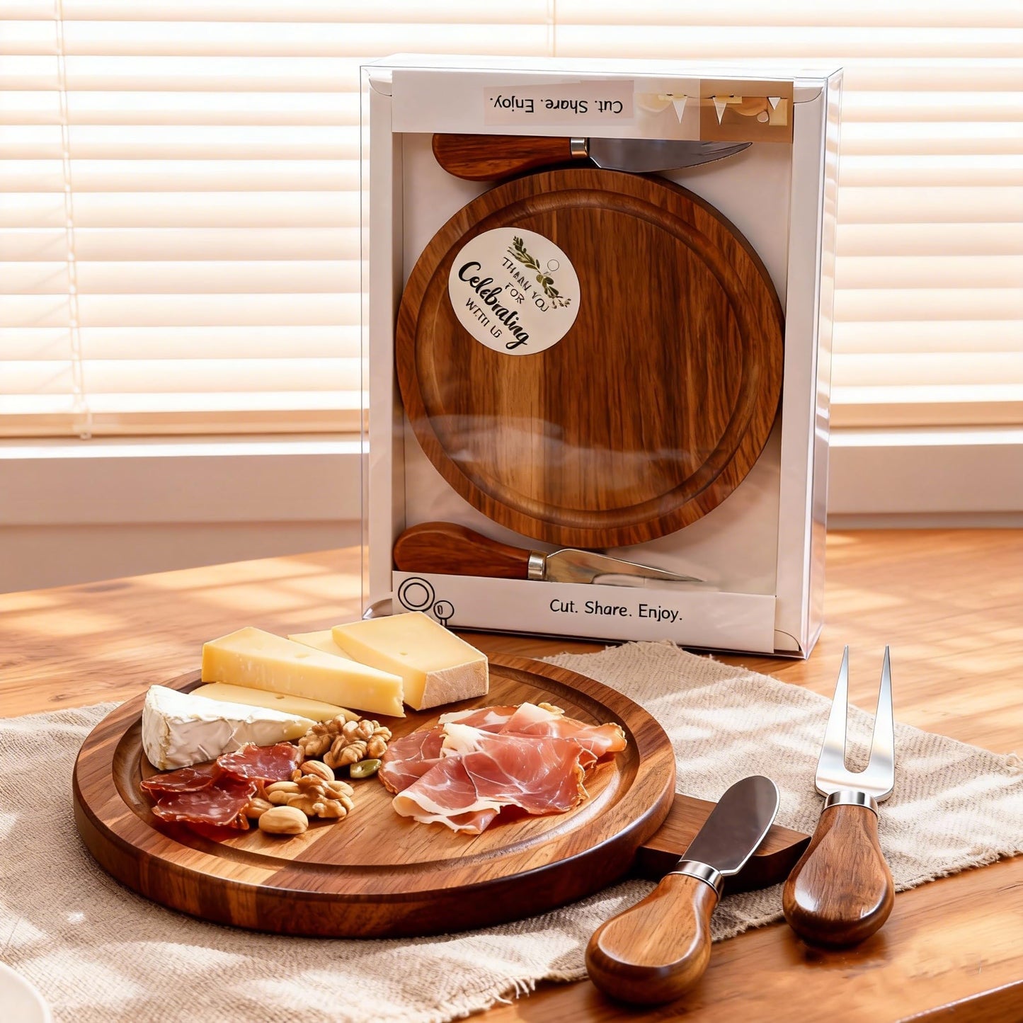 KinShare 4-Pack Small Personal Charcuterie Cheese Board Set & Serving Tray- 6 Inch Mini Appetizer Plate with Knives & Forks, Acacia Wood Gift package for Wedding, Bridal & Baby Shower Party Gift