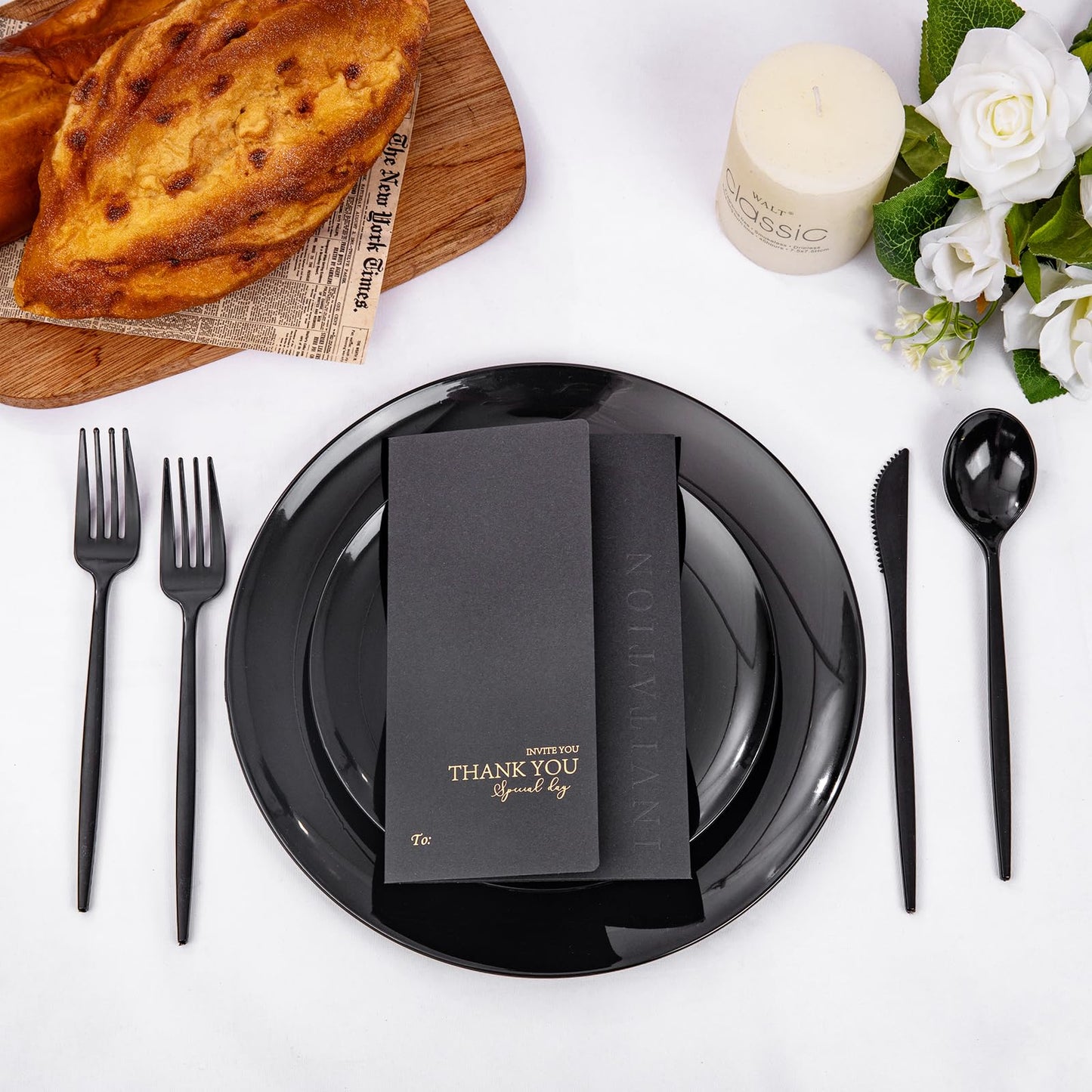 PULOTE 150PCS Black Plastic Silverware Set Disposable - Heavy Duty Black Plastic Cutlery - Black Plastic Utensils Set Include 50 Forks,50 Spoons,50 Knives for Party&Graduation