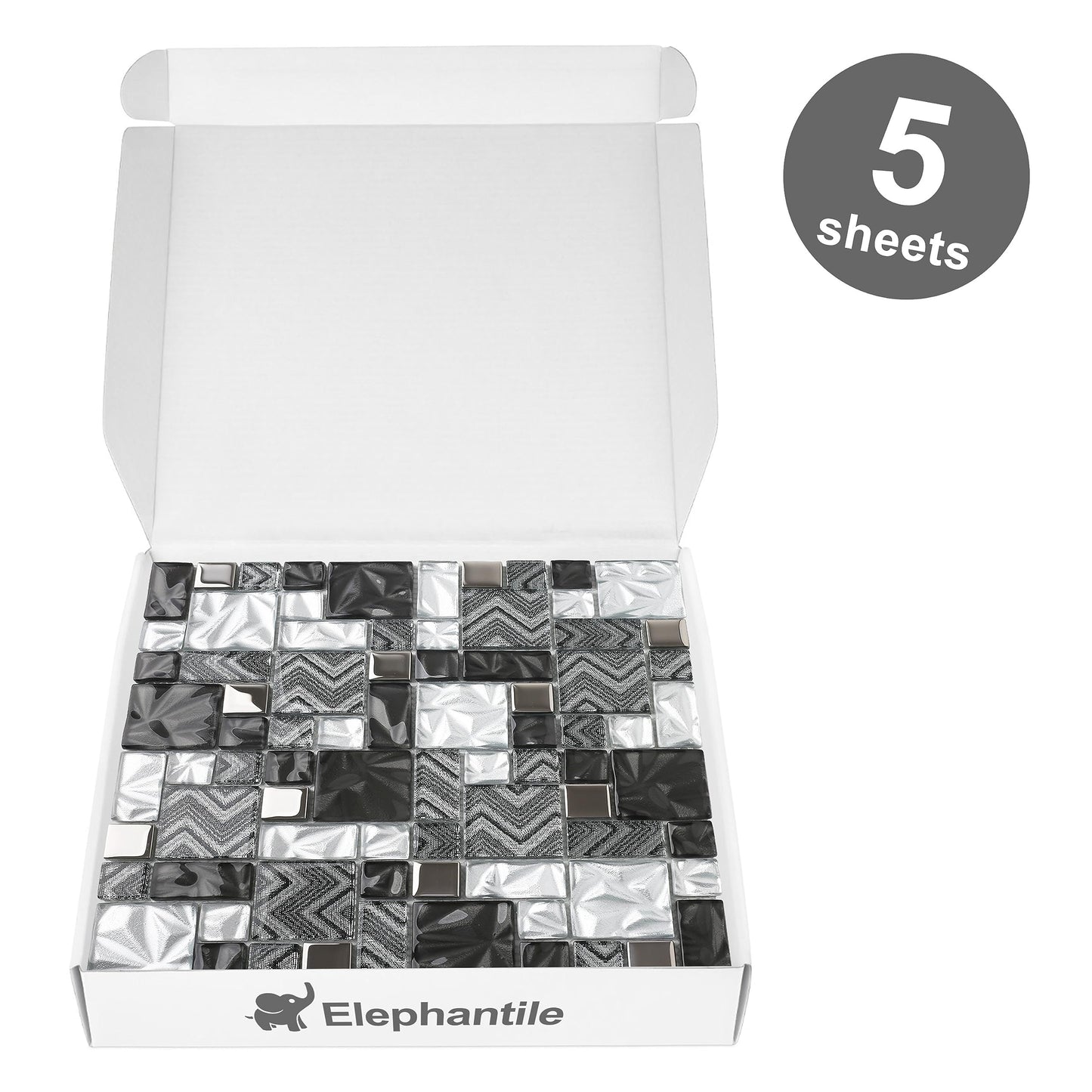 Elephantile Black & White Glass Tiles Kitchen Bathroom Wall Backsplash Mosaic Versailles Pattern [Set of 5]