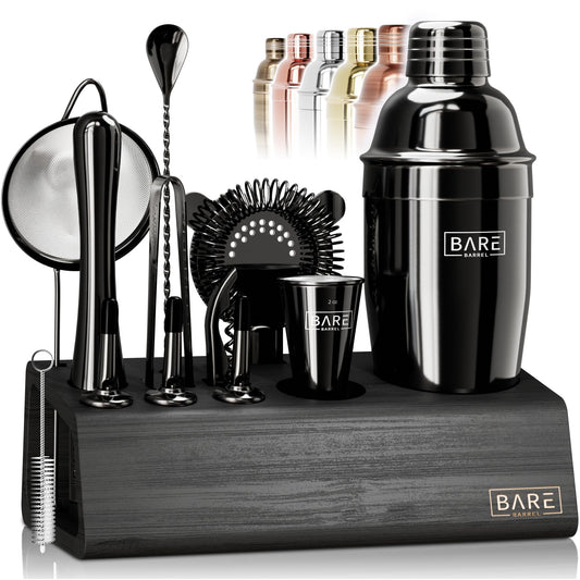 BARE BARREL® Mixology Bartender Kit Bar Set | 14-Piece Cocktail Shaker Set | Martini Barware Mixing Tools for Home Bartending | Incl. 35 Recipe Cards | Gift Set (24oz Cobbler Shaker, Jet Black/Black)