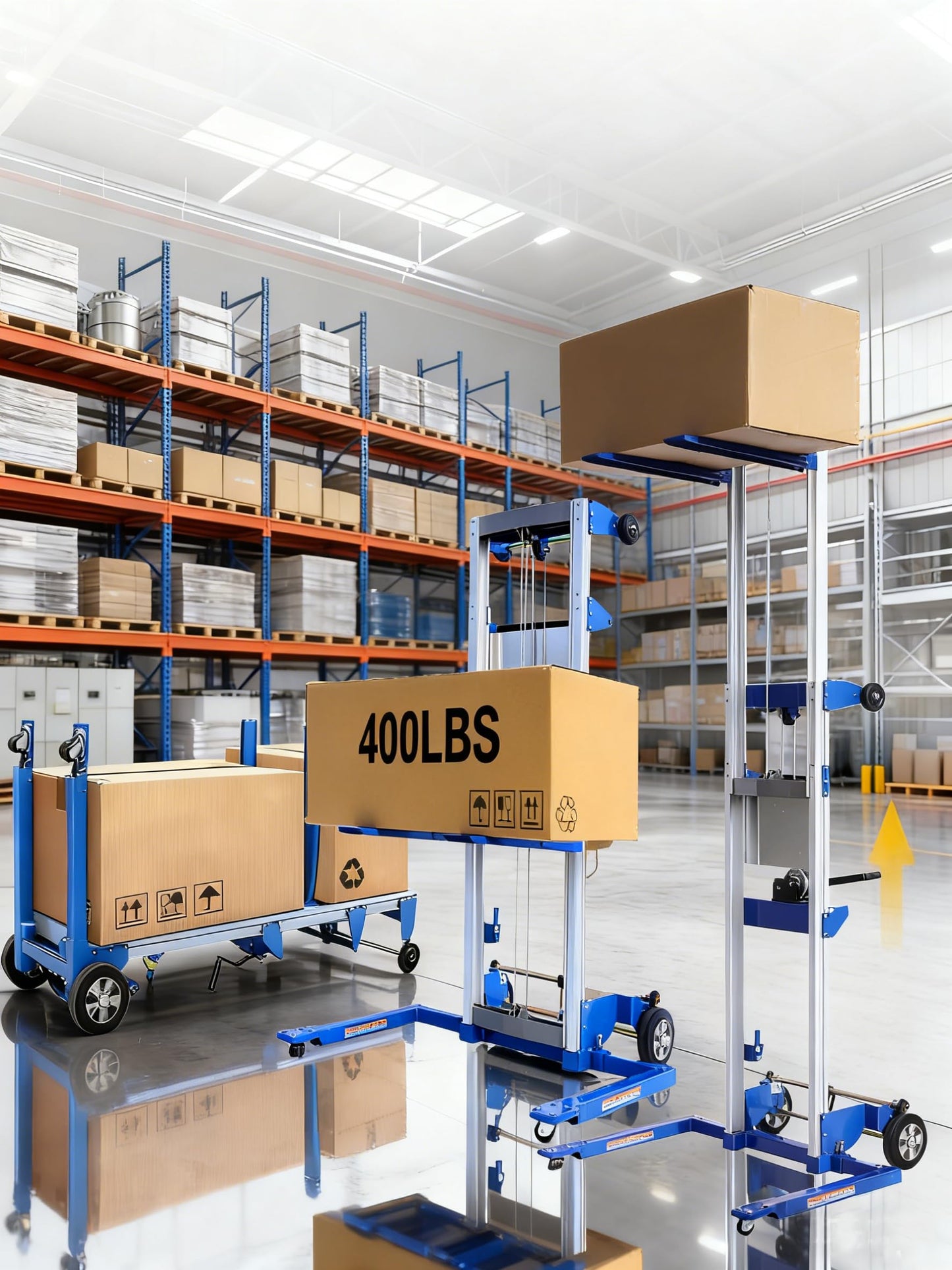 ELOMBR Material Lift Winch Stacker, 400 lbs Capacity, 122" Lift Height, Adjustable Straddle Hand Winch Lift Truck, Material Lifts for Warehouse, Factory, Library, 42.90"L x 43.30"W
