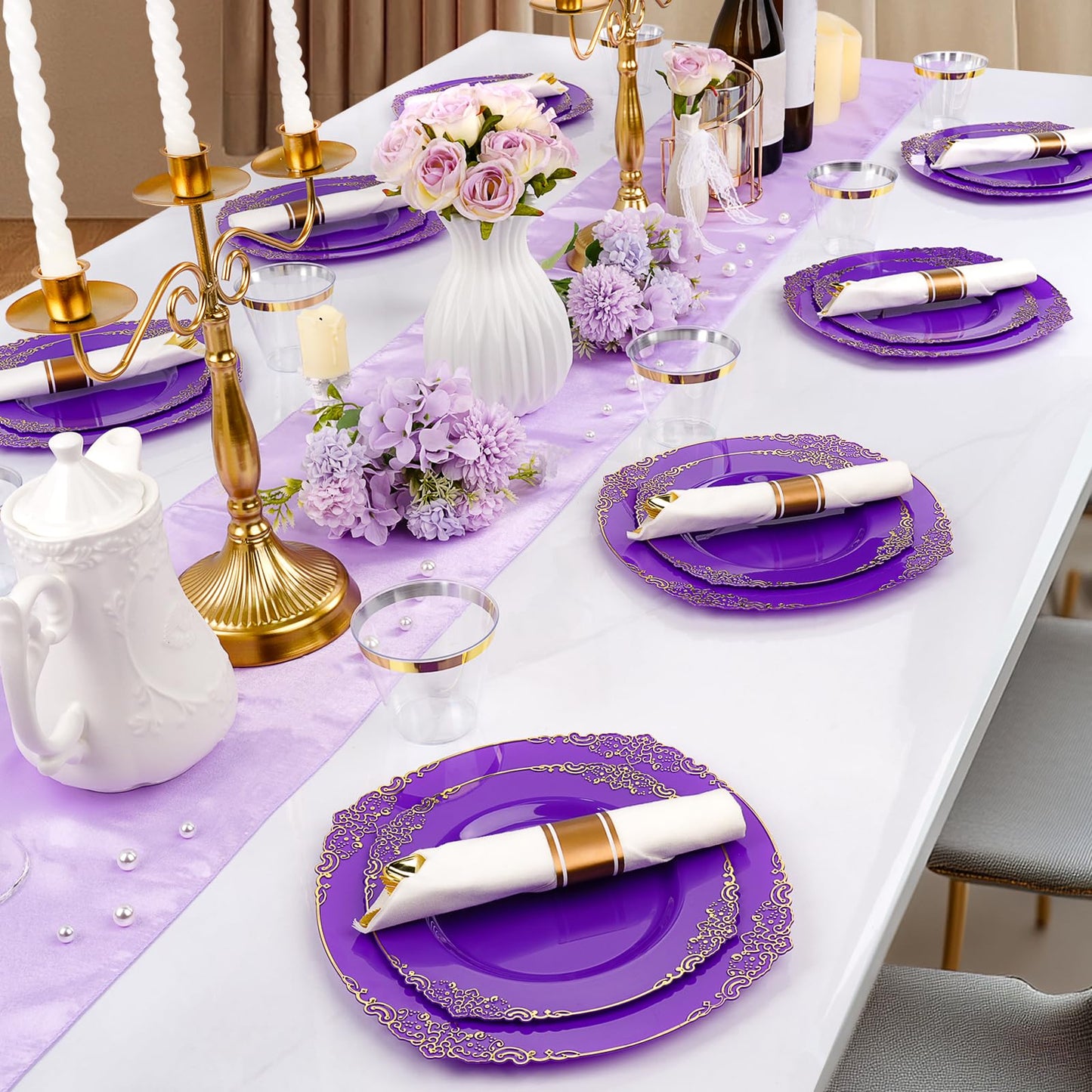 Realluck 350 PCS Purple and Gold Plastic Plates, Plastic Dinnerware Set for 50 Guests, 100 Disposable Plates, 150 Silverwares, 50 Cups, 50 Napkins for Party, Wedding, Graduation