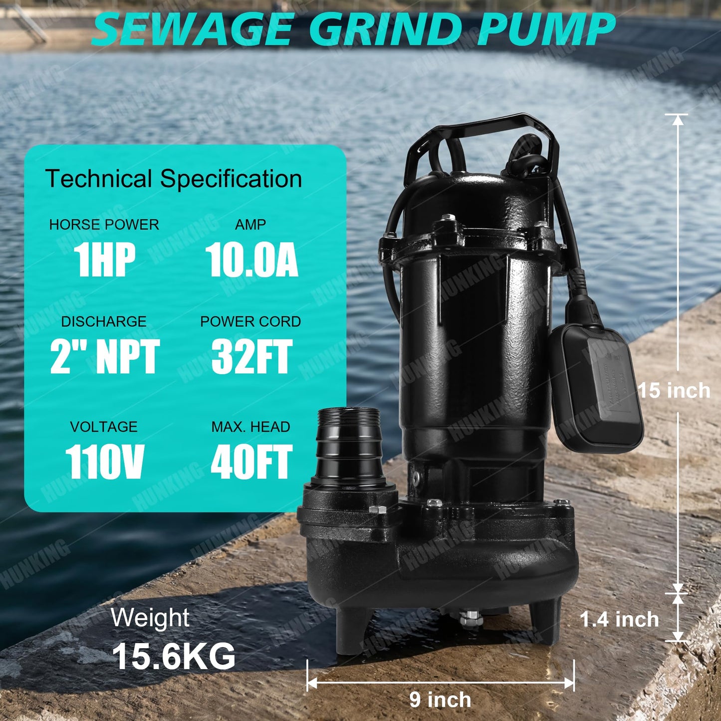 1HP Sewage Grinder Sump Pump, 110V 6400GPH Cast Iron Submersible Effluen Pumps with Auto Float Switch and Adapter for Basement, Sump Basin, Residential Sewage, 2" NPT Discharge