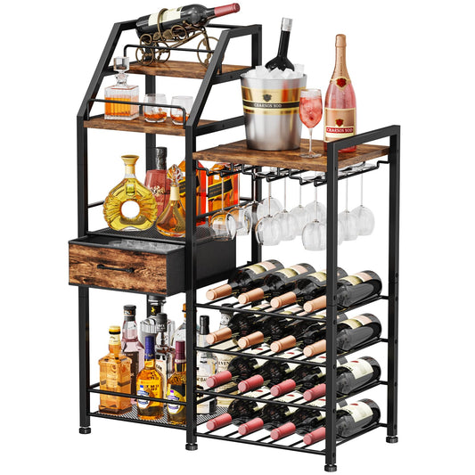 HapiRm Wine Rack Freestanding Floor - Multi-Tier Liquor Cabinet with Fabric Drawer, Liquor Bottle Display Shelf with Glass Holder, Vintage Whiskey Cabinet for Home