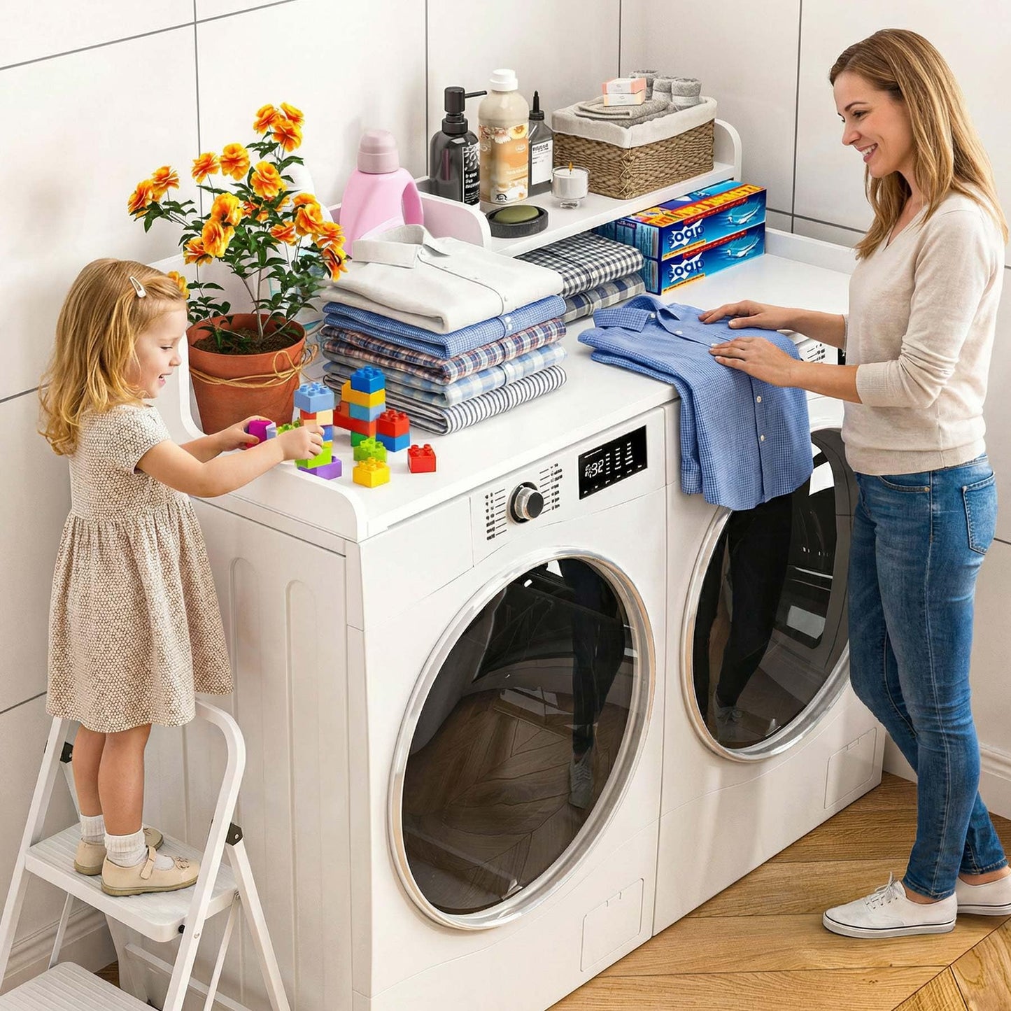 BREENHILL Washer Dryer Countertop with Open Storage Shelf & Raised Edge Guard, Laundry Countertop Over Washer Dryer, Non-Slip Heavy Duty Wood Topper for Front Load Machines, White