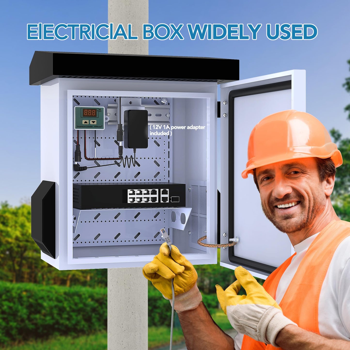 Akwscyby Outdoor Electrical Box with Thermostat and Fan, Precise Temperature Control 0.1°F, IP65 Water Resistant Rating, Galvanized Steel, Aluminum Rear Beam (17.7 "x13.4 x9.4)