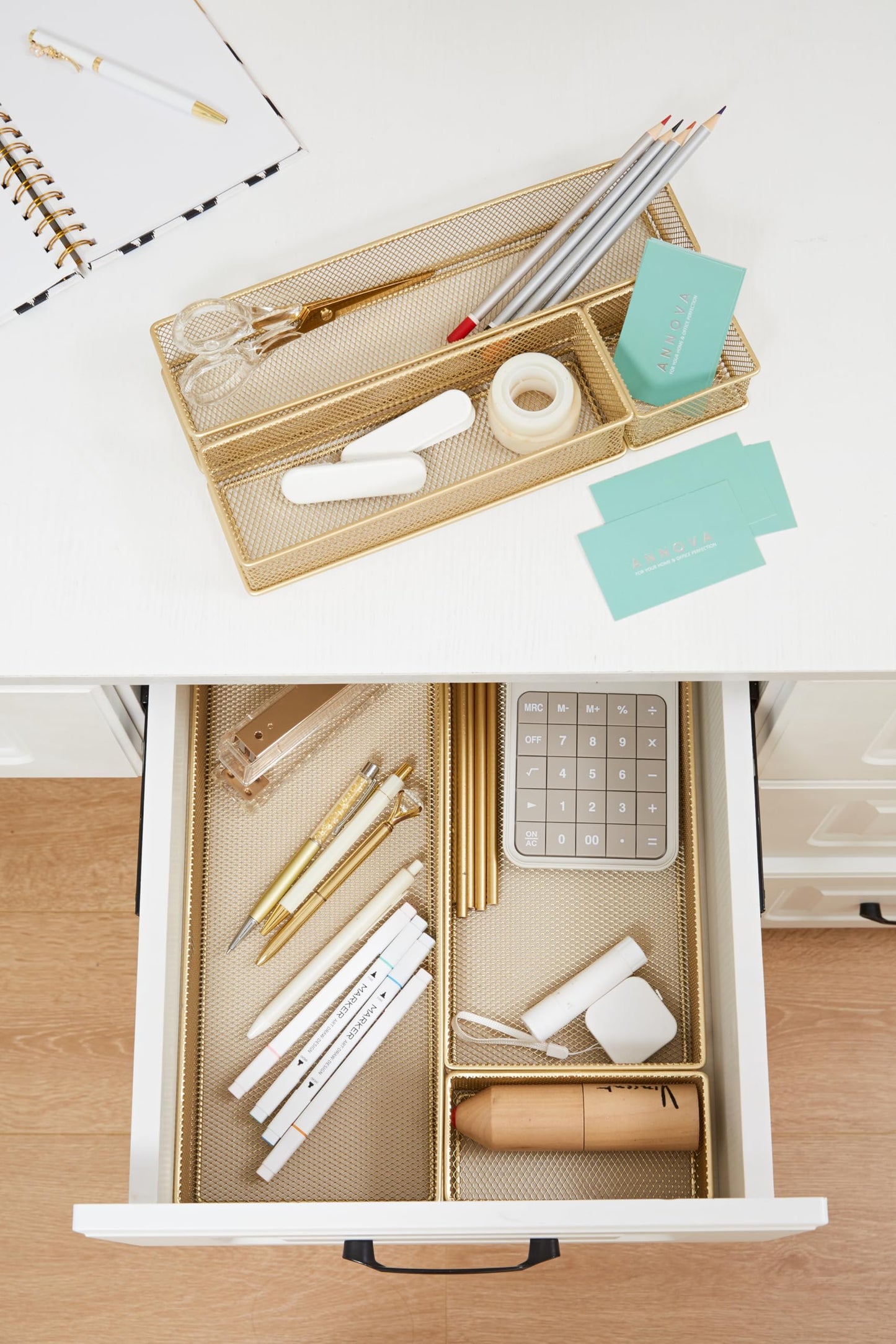 Annova Mesh Stackable Drawer Cabinet and Shelf Organizer Bins Storage Basket School Office Supply Holder Tray- Set of 2 (Gold, 3x9x2 Inch)