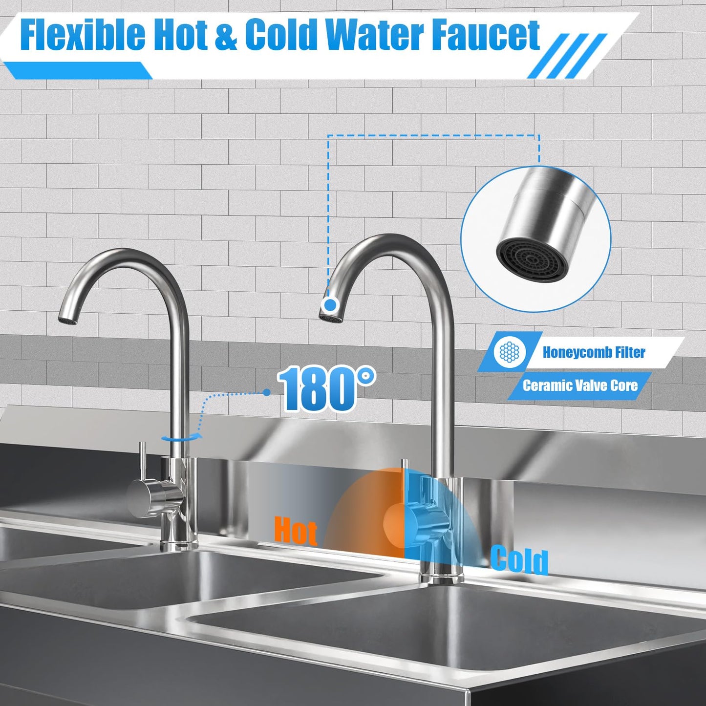 YUASDUU 3 Compartment Sink, 304 Stainless Steel Utility Sink Freestanding Kitchen Sinks Commercial Sinks with 2 Faucet & Cold and Hot Water Pipe Suitable for Food Truck Restaurant, 39'' × 18'' × 36''