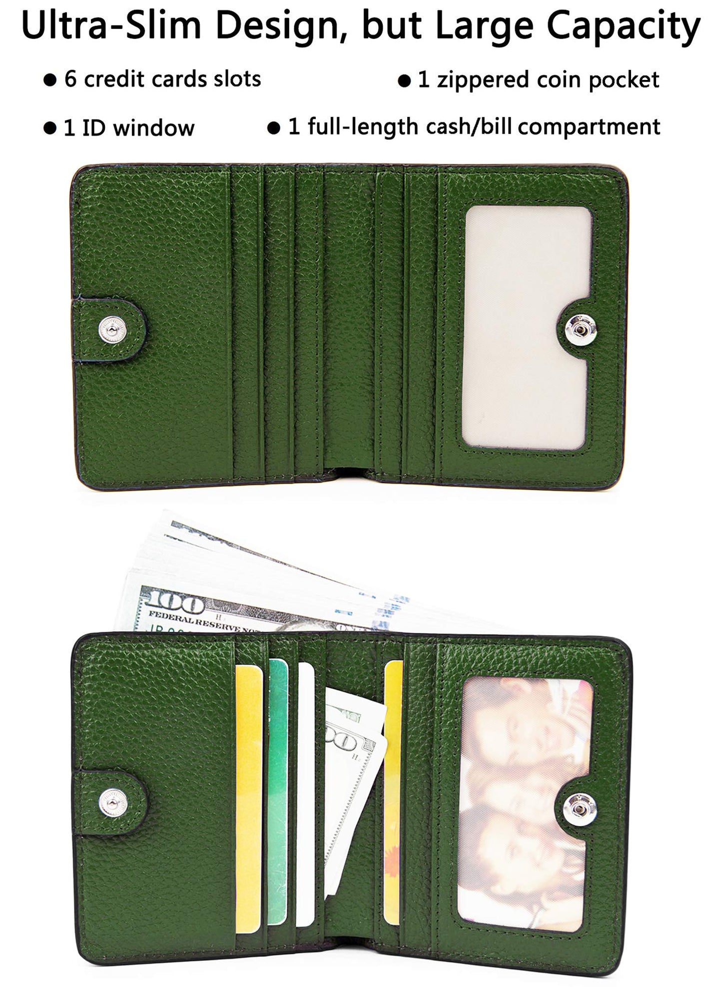 AINIMOER Small Leather Wallet for Women, Ladies Credit Card Holder RFID Blocking Women's Mini Bifold Pocket Purse, Green