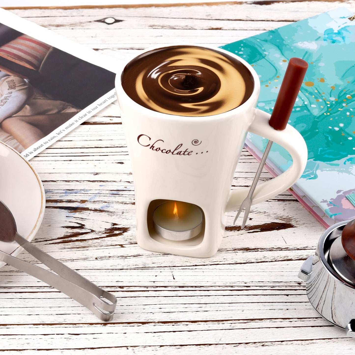Chocolate Fondue Mug with Fork, Sweet Melting Cup with Tealights for Chocolate Cheese & Desserts Ceramic Fondue Pot Set Ideal Gift for Date Nights Birthdays Anniversary Weddings (White)