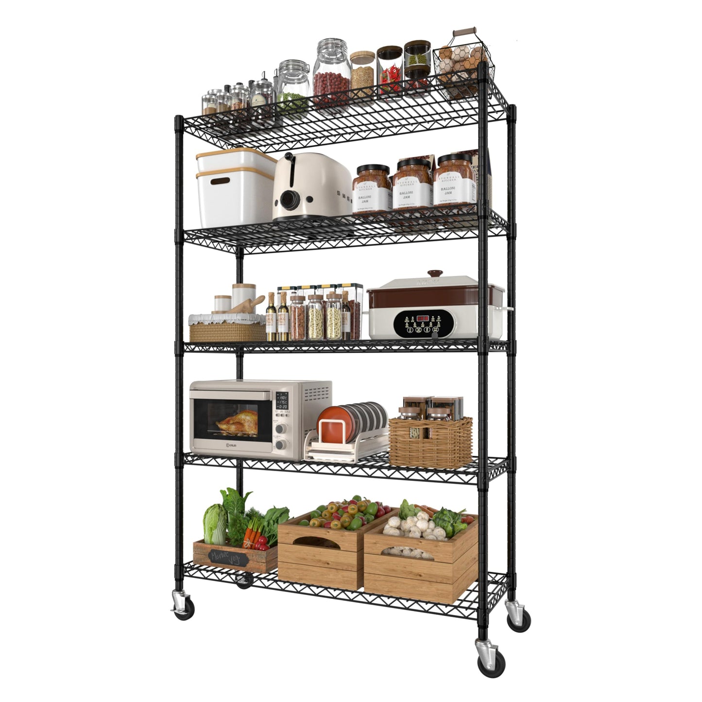 MUPATER 48" W x 18" D x 72" H 5-Tier Rolling Wire Shelving Rack, Heavy Duty Storage Cart with 2000LBS Load Capacity, Adjustable Shelves & 3" Silent Lockable Casters for Kitchen, Silver
