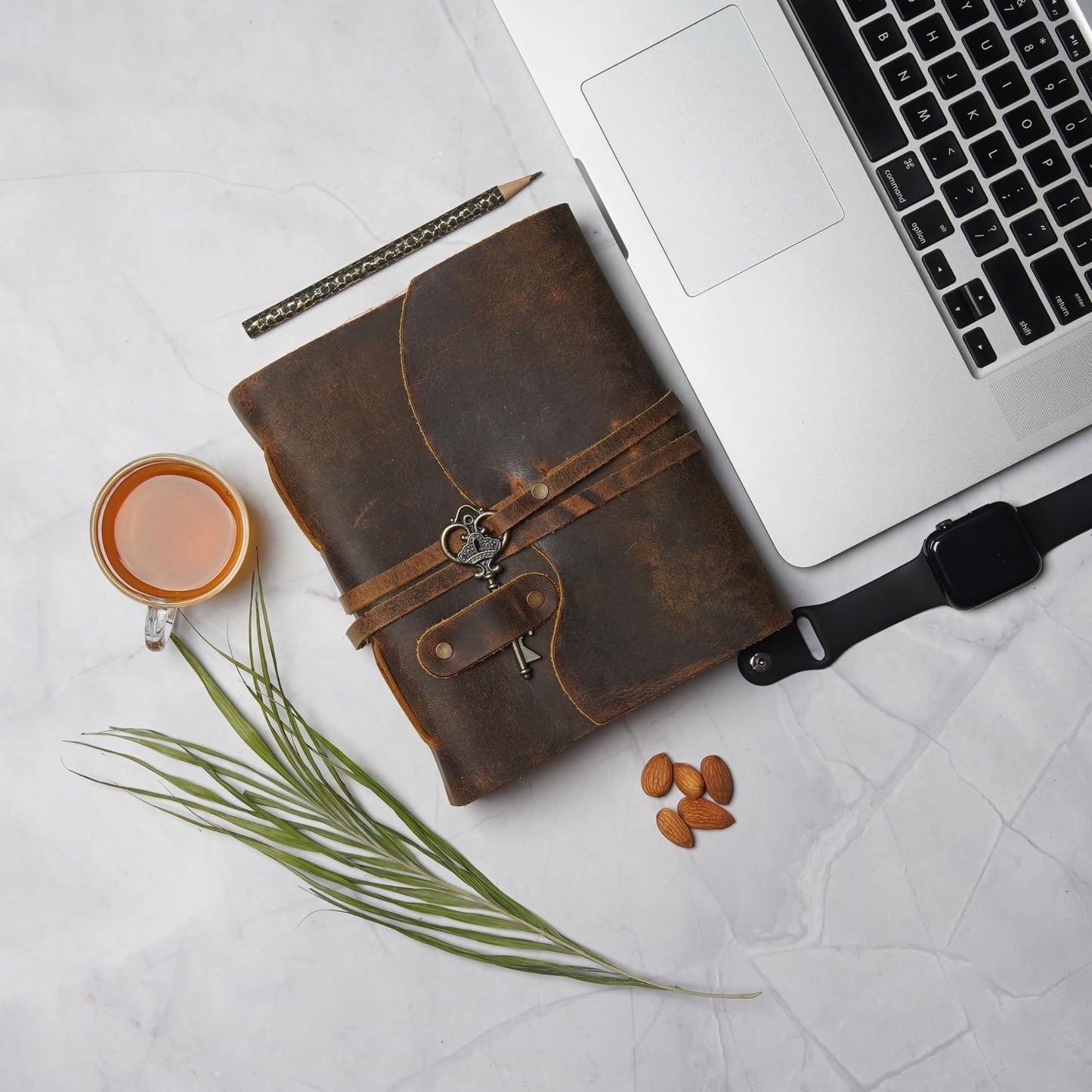 LEATHER VILLAGE Vintage Leather Journal – 200 Handmade Vintage Deckle Edge Paper – Leather bound Journal For Women Men – Vintage Key Closure - Book of Shadows - Cappuccino Brown - 8X6 inches (A5)