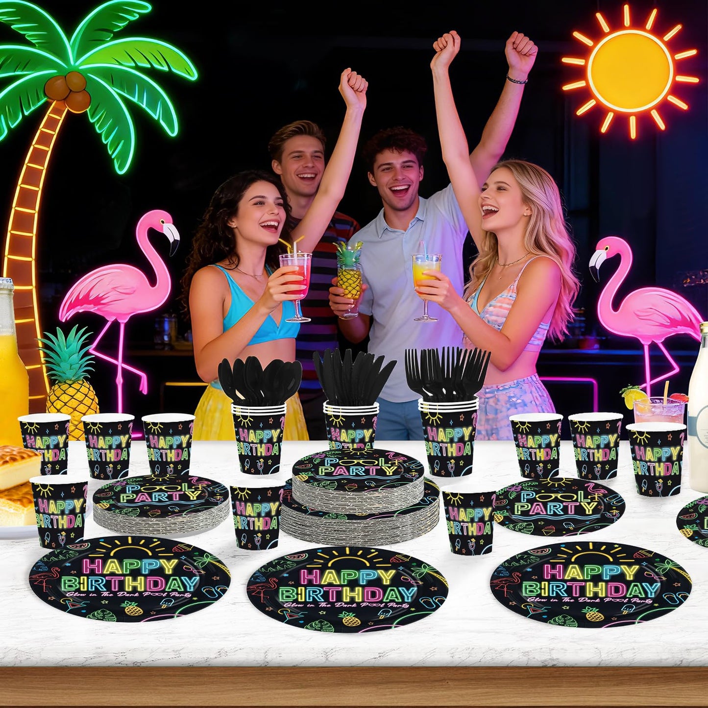 168 Pcs Pool Party Supplies Black Neon Pool Plates Napkins Cups Forks Knives Spoons Tropical Neon Swimming Tableware Set for Boys Girls Birthday Summer Beach Tropical Party Decorations Serves 24