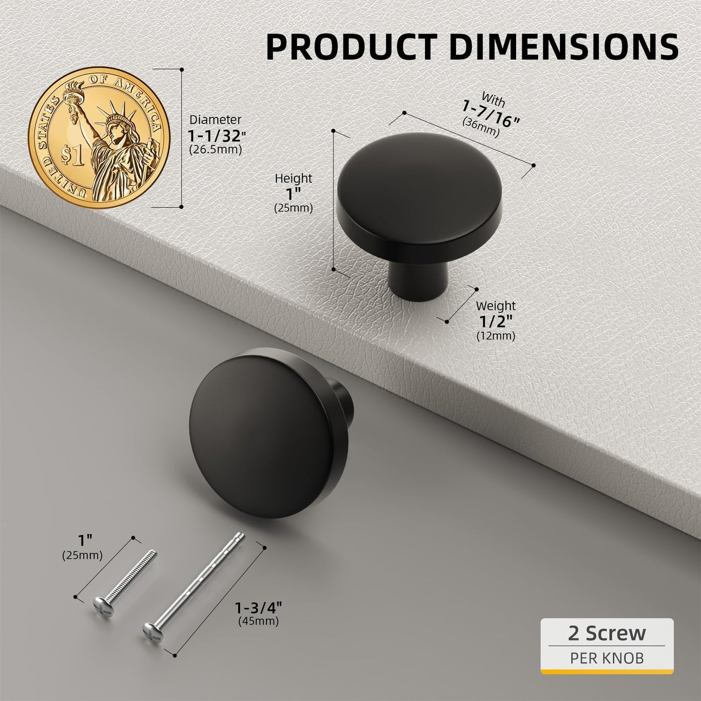 goldenwarm 5 Pack Matte Black Cabinet Knobs for Kitchen Hardware Handles Round Dresser Drawer Knob for Closet Bifold Modern Cabinets Pulls,1.27 Inch