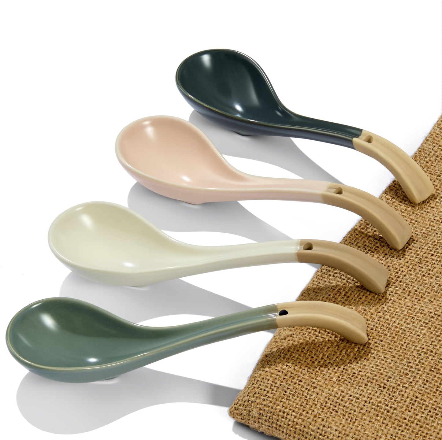 DAHO GOMSU Asian Ceramic Soup Spoon, with Long Handle Easy to Hold, Non-slip Bottom, for Japanese Ramen, Chinese and Vietnamese Wonton, Noodle Soup Spoons (V38)