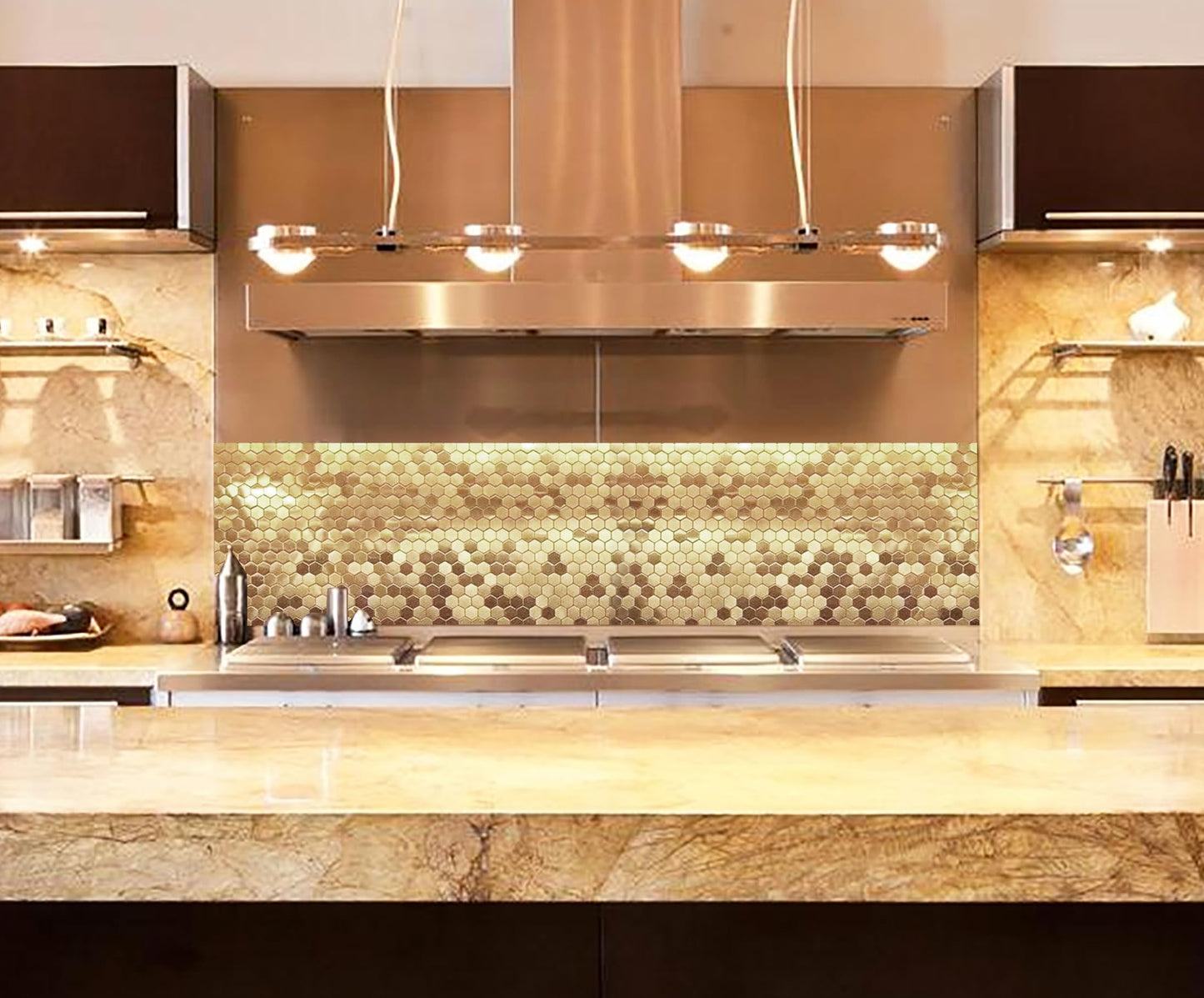 Blujellyfish Hexagon Gold Backsplash Tiles Metal Mosaic Tile Stainless Steel Brushed/Shiny Kitchen Bathroom Backsplash Shower Floor Wall Accent Tiles (5 Square Feet)