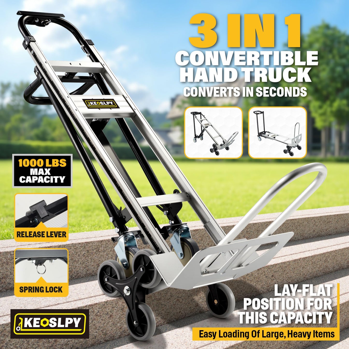 Keoslpy Upgraded 3 in 1 Industrial Convertible Hand Truck 1000 LBS Capacity, Aluminum Heavy Duty Hand Truck Dolly, Stair Climbing Dolly Cart Utility Platform Cart with Wheels for Transport & Moving