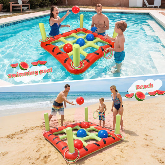 JHMFDDSB Pool Toys Games Set, 2 in 1 Giant Inflatable Pool Tic Tac Toe Game & Ring Toss with Combined Inflation & Water Filling Valve for Adults Kids Family, Shallow Water Beach Yard Activities