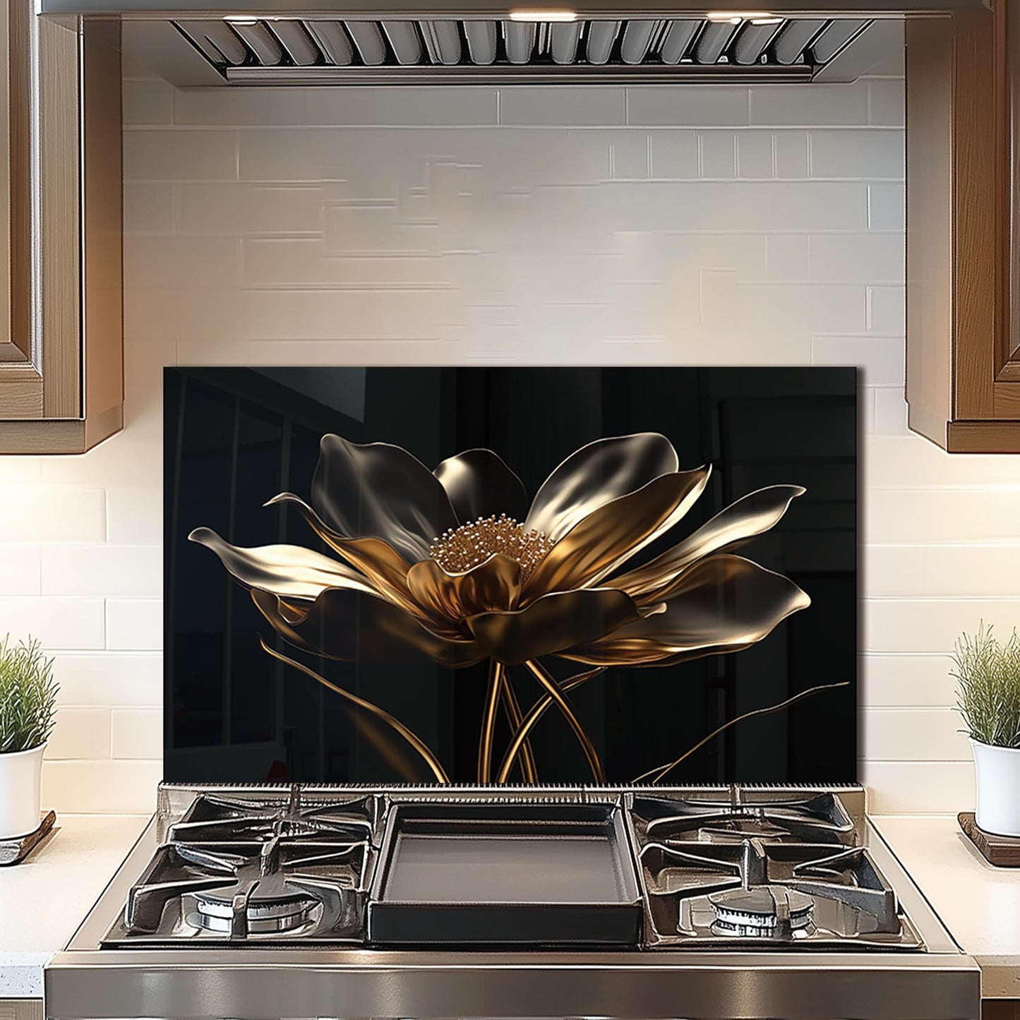 DAIFURONGE Black Golden Lotus, Tempered Glass Backsplash for Kitchen,Easy to Clean, One Piece Glass Behind Stove Splashback Panel, Home Kitchen Wall Decor (black, 30"x18"(76.2x45.72cm))