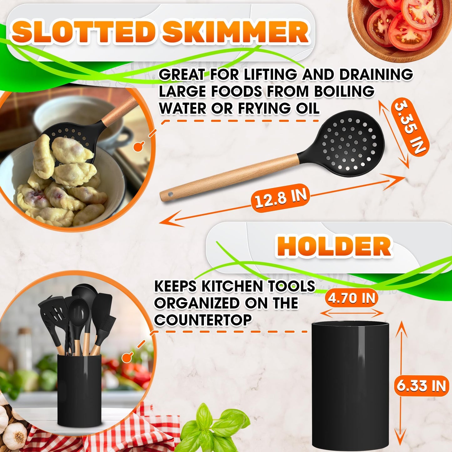 14 PCs Black Silicone Cooking Utensils Set with Holder - Versatile Kitchen Utensils with Sturdy Wooden Handles - Heat Resistance Silicone Kitchen Utensil Set with Holder for All Cooking & Baking Needs