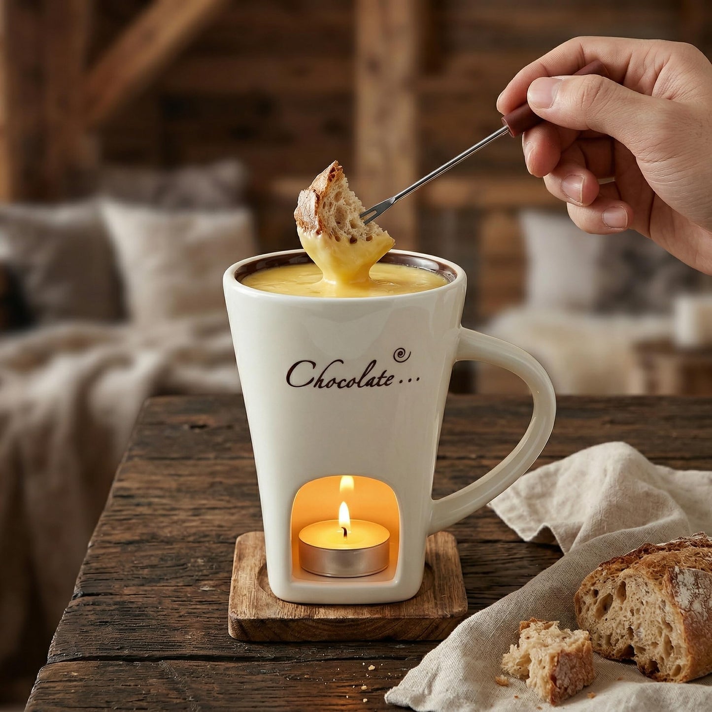 DECHOUS 2 Pack Fondue Mugs, Ceramic Chocolate Melting Cups with 2 Forks, Personal Fondue Mugs Set for Chocolate, Cheese, Butter, Ideal for Date Night, Birthday, Parties, Wedding Gift
