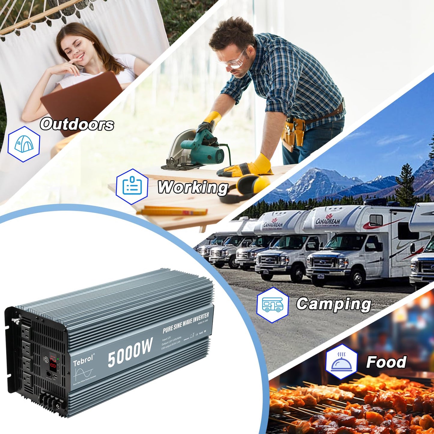 5000 watt Pure sine Wave car Power Inverter 12v to 110v /120V Inverter for car Vehicles Truck Camping Solar Panel Power Converter Adapter with Clamps Inverter 5000W