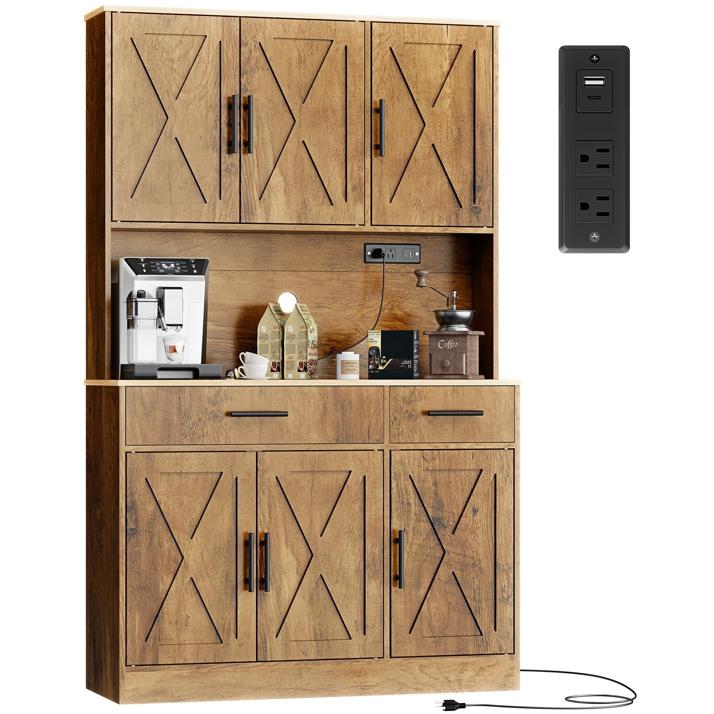 Shintenchi Pantry Cabinet with Charging Station, 70” Tall Kitchen Storage Cabinet with Microwave Stand, Storage Drawers & Adjustable Shelves, Large Capacity Kitchen Hutch for Dining Room, Brown