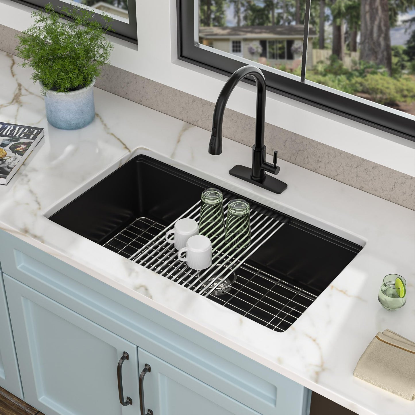 Fulorni 32"x19" Granite Composite Kitchen Sink - Undermount Matte Black Ledge Workstation Quartz Classic Under Counter Single Bowl Sink Basin