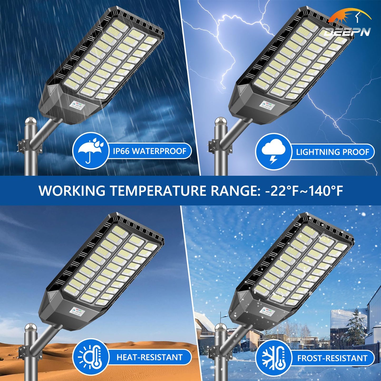 Deepn Solar Street Light, Commercial Grade Solar Lights Outdoor IP67 Waterproof, 9800W LED Flood Security Lights Motion Sensor & Dusk to Dawn Outdoor Lighting for Parking Lots, Streets & Yard, 1 Pack
