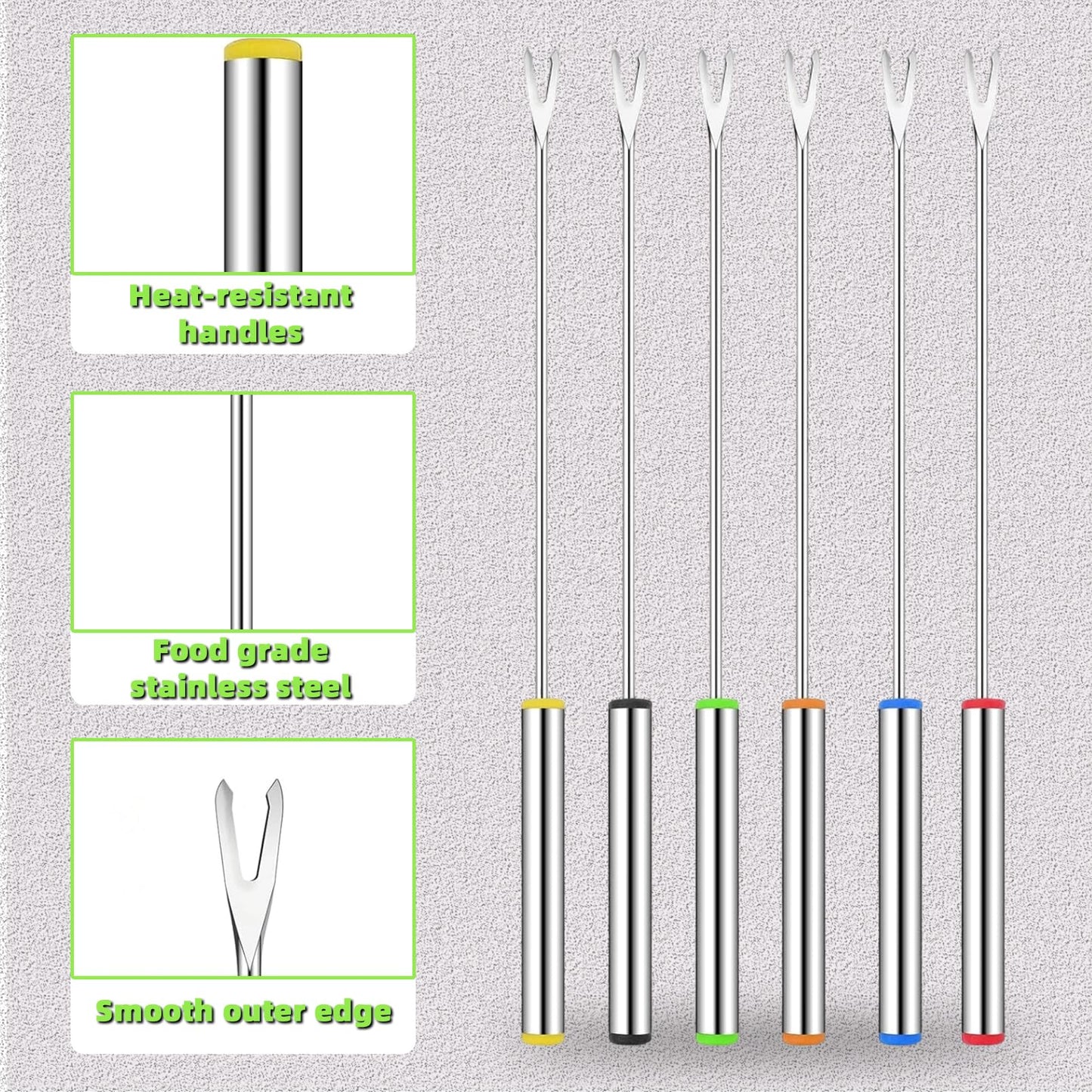 Cptoion 18 Pack Stainless Steel Fondue Forks with Heat-Resistant Handles, 9.3" Long, 6 Colors for Cheese, Chocolate, BBQ, Marshmallows, and Meat Roasting