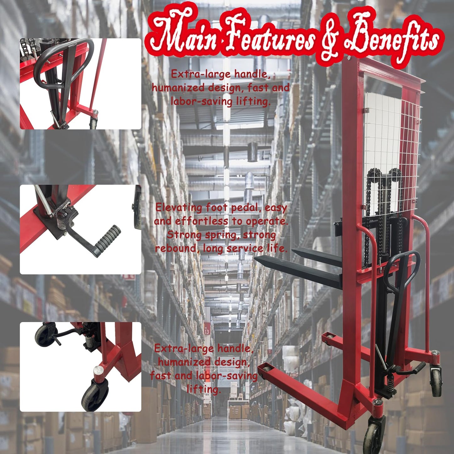 Banfluxion Manual Hydraulic Pallet Stacker Truck 4410 lbs Load Capacity 63" Lift Height Professional Mannual Forklift Forklift Pallet Truck Dolly for Open-Bottom Block Pallets