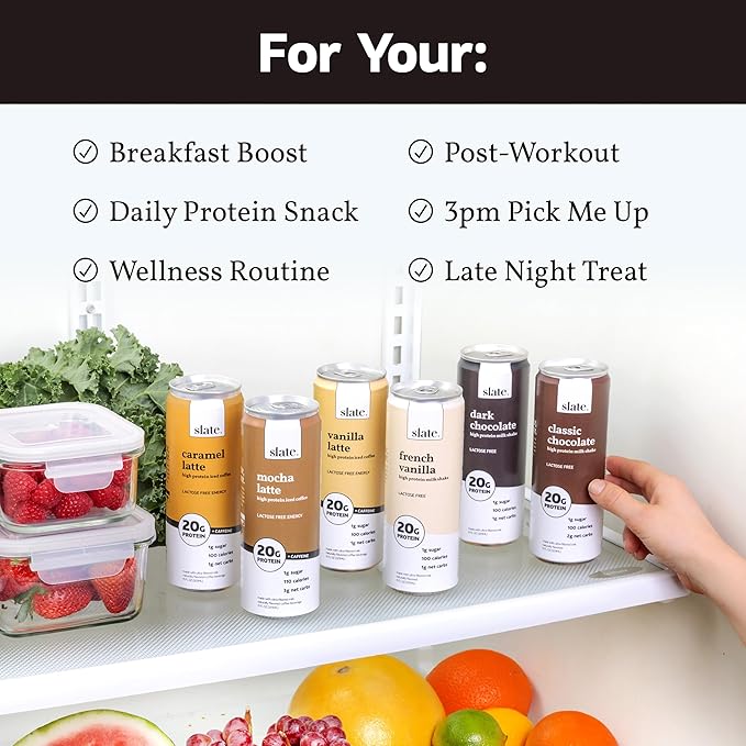 Slate Milk - High Protein Milk Shake - Dark Chocolate - Lactose Free, 20g Protein, 1g Sugar, 100 Calories, 1g Net Carbs, No Added Sugar - Natural, Breakfast Boost, Post Workout - 11 fl oz, 12 Cans