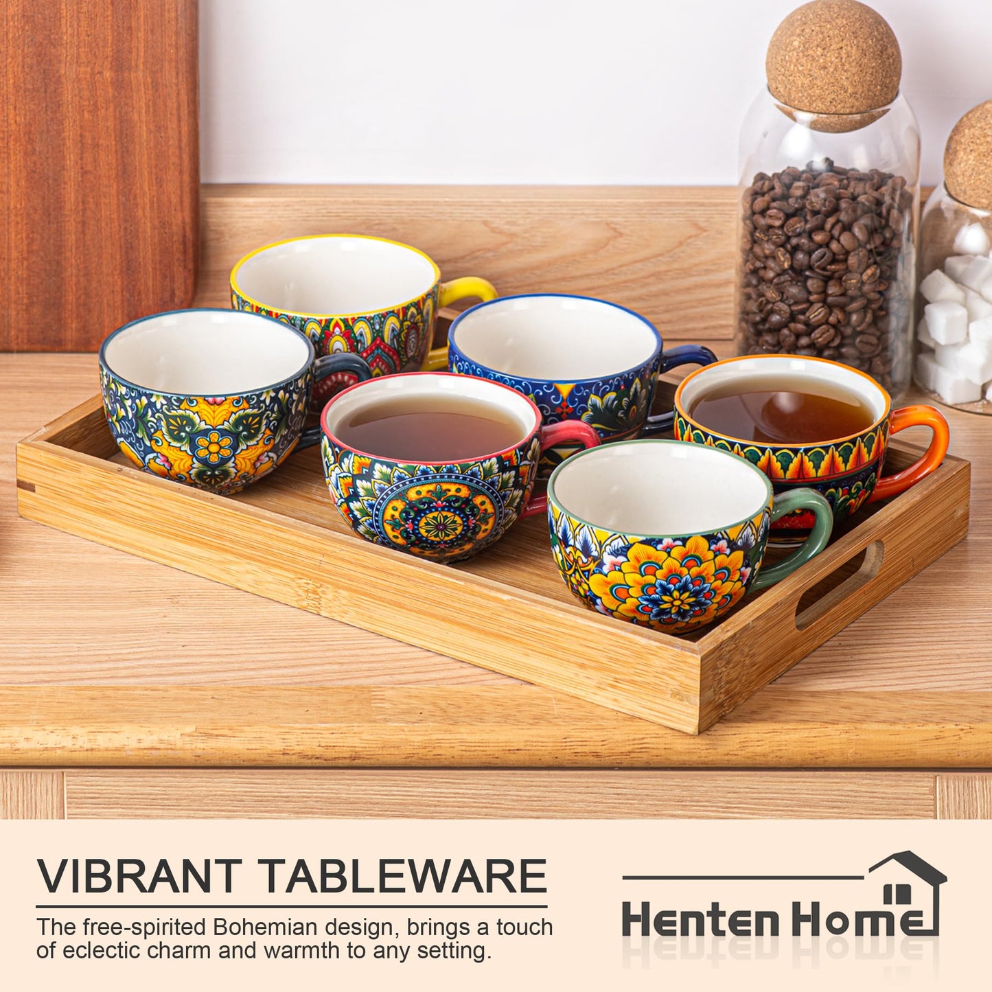 Henten Home Ceramic 8.5 oz Tea Cup Set, Latte Cup with Saucers Set of 6, Boho Style Cup for Cappuccino, Coffee, Hot Cocoa, Espresso, Microwave & Dishwasher Safe