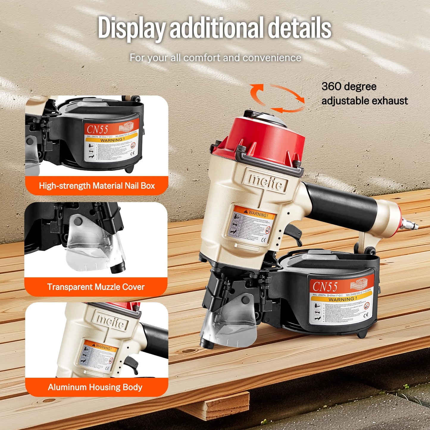 meite CN55 Coil Nailer Pneumatic Nail Gun 15 degree 1" to 2-1/4" Coil Nails, Heavy Duty Air Coil Nailer with Coil Nail Magazine 300PCS for Hardwood Projects Pallets Framing Sheathing