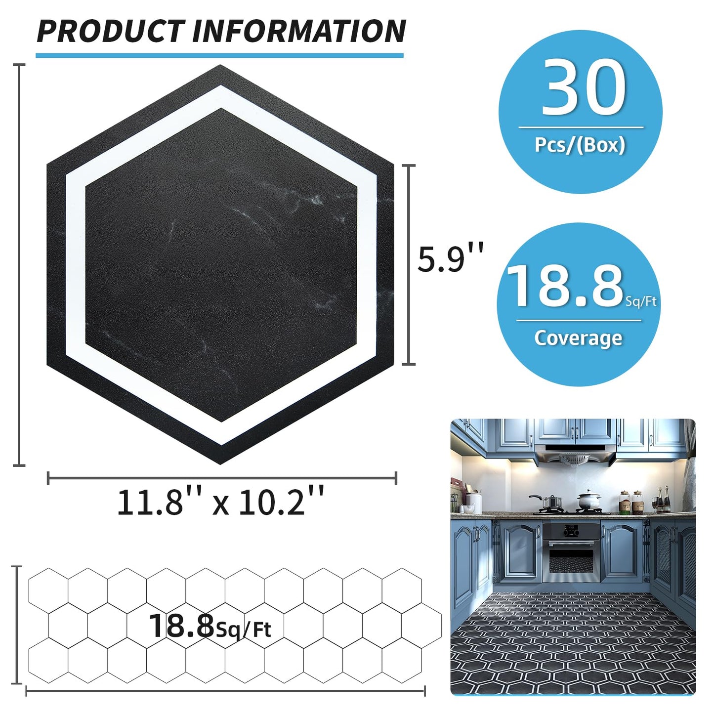 Art3d 30-Pack Hexagon Peel and Stick Flooring Tile Marble Look, Self Adhesive Waterproof Vinyl Floor Tile for Kitchen Bathroom Living Room Bedroom, 11.8" x 10.2" Black Marble