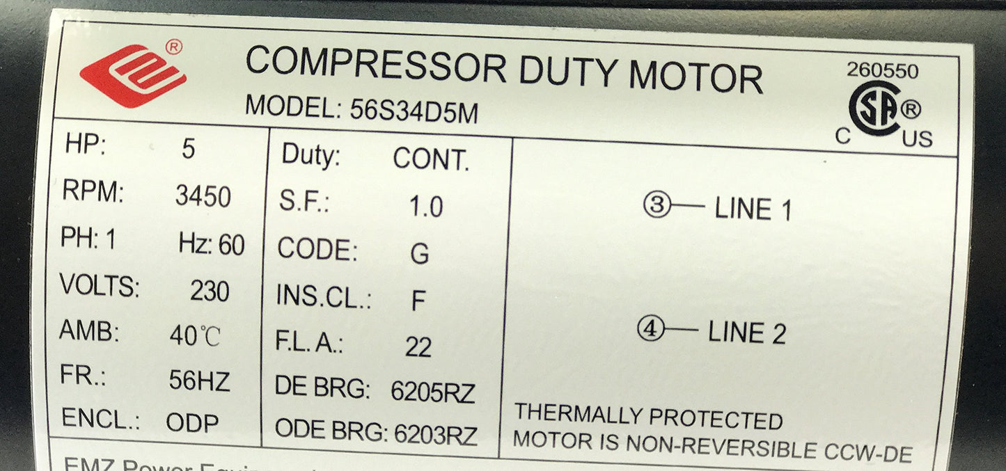 New 5HP Compressor Duty Electric Motor, 56HZ Frame, 3450 RPM, 7/8" Shaft Diameter, NEMA Rated Motor