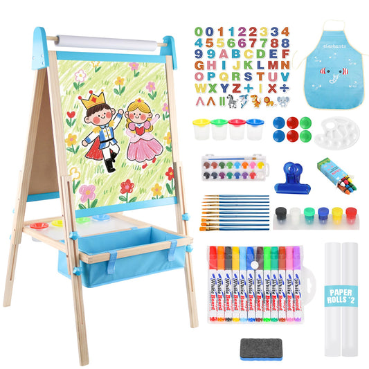 Wooden Easel for Kids, Adjustable Kids Art Easel, Learning Toy for Boys and Girls Ages 3-4 4-8 8-12, Wooden Blackboard & Magnetic Whiteboard and Drawing Paper Holder, 2 Drawing Paper Roll