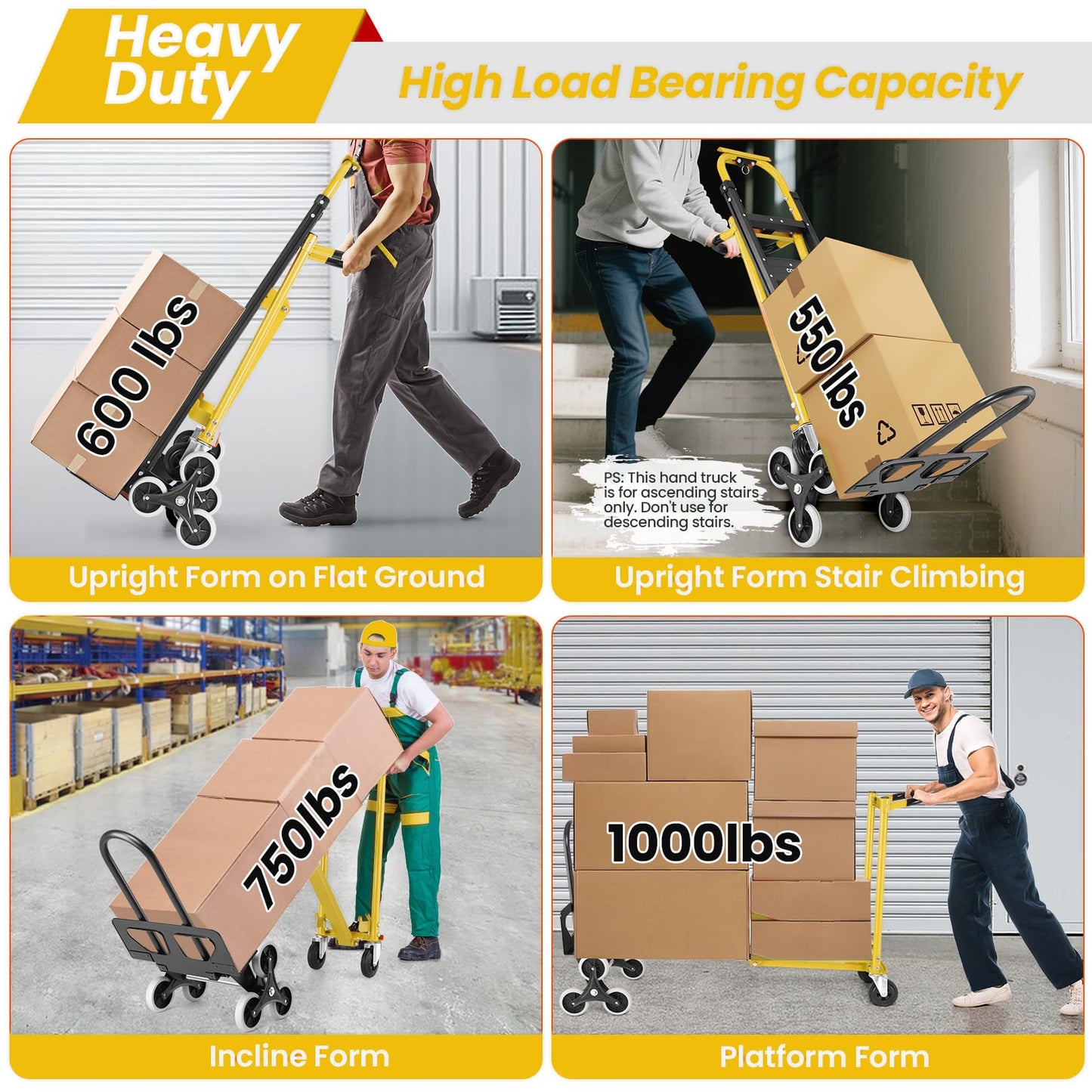 Professional Heavy Duty 1000LBS Aluminum Stair Climbing Dolly, 3 in 1 Convertible Hand Truck, Folding Hand Truck Dolly Cart with Solid Wheels for Moving/Travel/Office (Yellow)