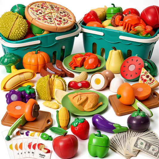 Cutting Play Food Toys, 200 Pieces Pretend Play Kitchen Accessories, Fake Fruits/Vegetables Cards, Play Money, 2 Shopping Storage Baskets, Birthday Gift, Educational Toy for Toddler Children